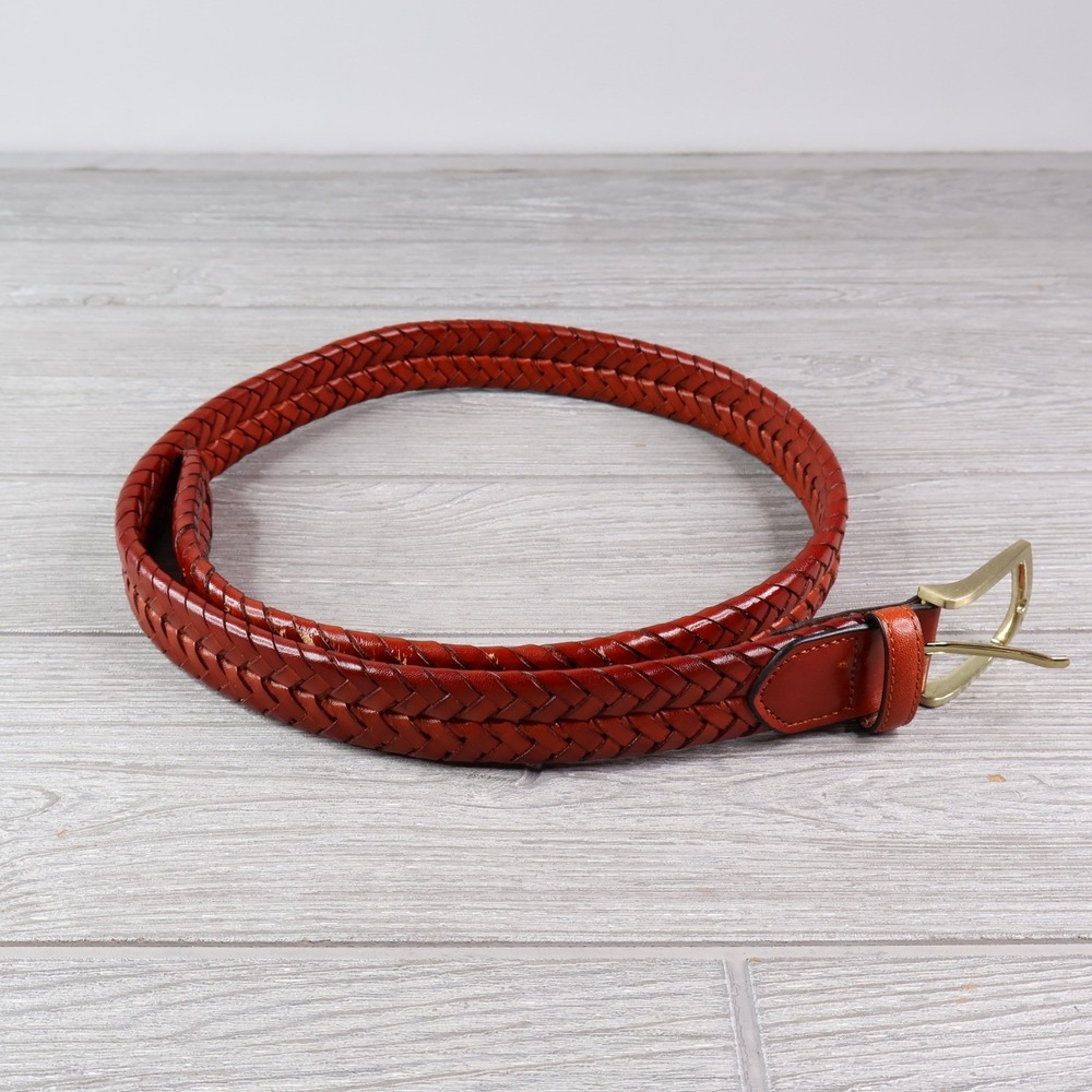 Brooks Brothers Braided Leather Belt Men's 36 Cognac Brown Gold Buckle Italy